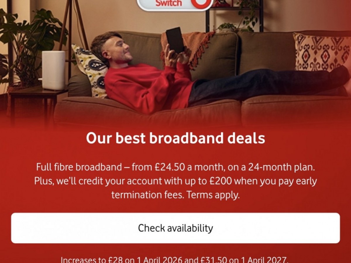 Broadband from &pound;24.50 a month at Vodafone